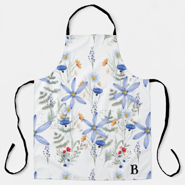 Green Foliage Watercolor Flowers Apron (Front)
