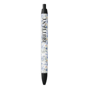 Green Foliage Watercolor Flowers Black Ink Pen