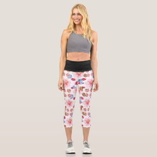 Green Foliage Watercolor Flowers  Capri Leggings
