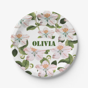 Green Foliage Watercolor Flowers  Paper Plate