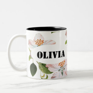 Green Foliage Watercolor Flowers Two-Tone Coffee Mug