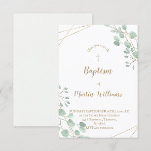 green foliage watercolor gold frame • Baptism Invitation