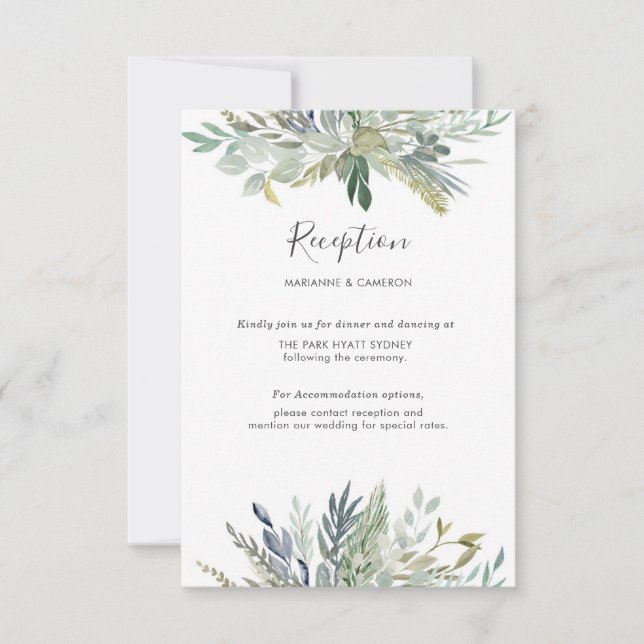 Green Foliage watercolor Wedding reception details RSVP Card (Front)