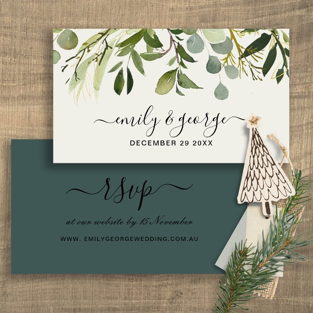 GREEN FOLIAGE WATERCOLOR WEDDING WEBSITE RSVP BUSINESS CARD (Creator Uploaded)