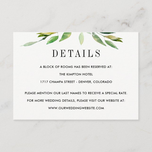 Green Foliage Wedding Details Enclosure Cards (Front)