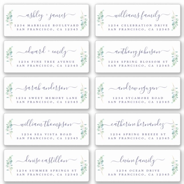 Green Foliage Wedding Guest Address Labels (Front)