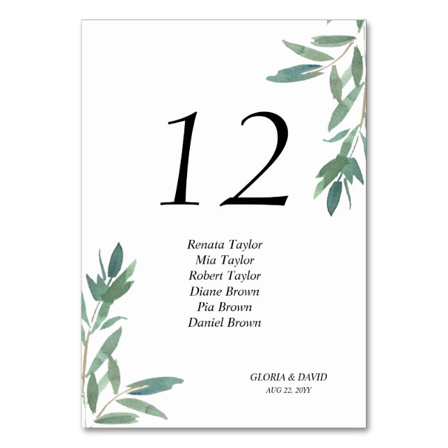 Green Foliage Wedding Table Number card (Front)