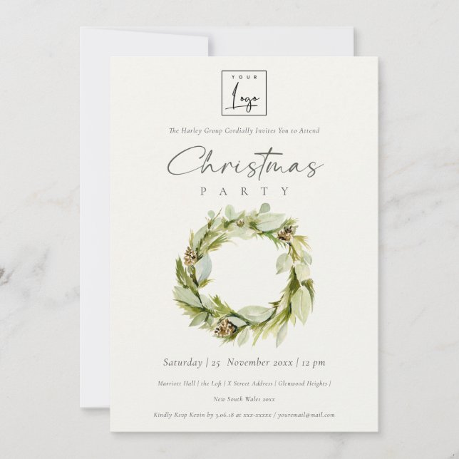 Green Foliage Winter Wreath Logo Christmas Party Invitation (Front)