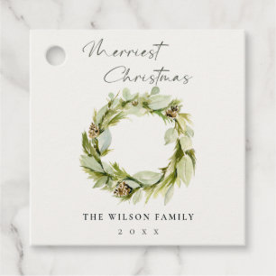 Green Foliage Winter Wreath Merriest Christmas Favour Tags