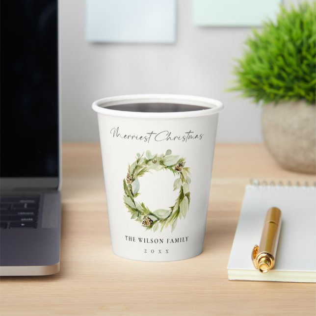 Green Foliage Winter Wreath Merriest Christmas  Paper Cups (Insitu)