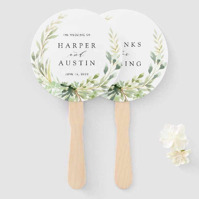 Green Foliage Wreath Botanical Wedding Hand Fan (Front and Back)
