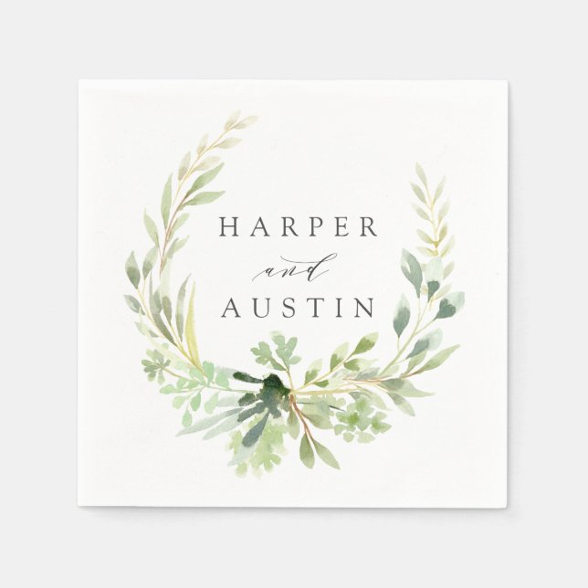 Green Foliage Wreath Botanical Wedding Paper Napkin (Front)