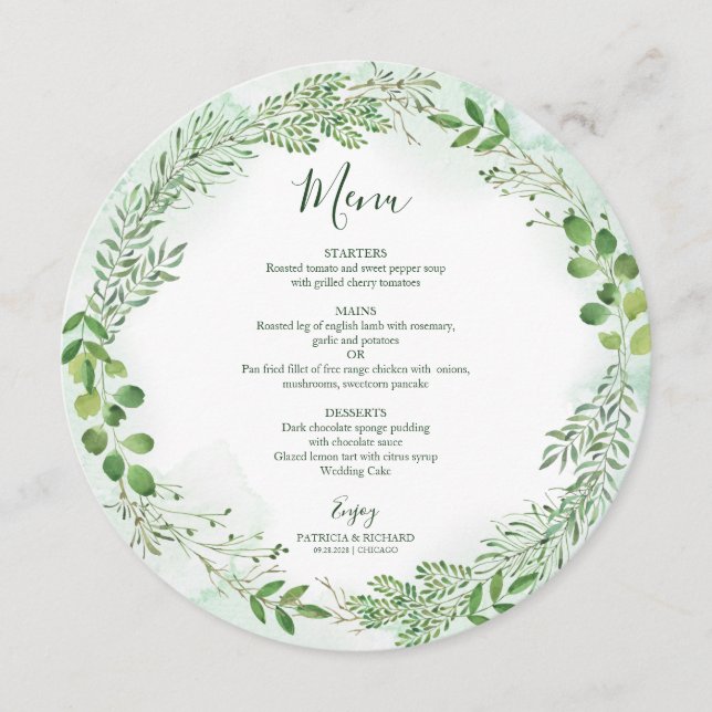 Green Foliage Wreath Greenery Wedding  Round Menu (Front)