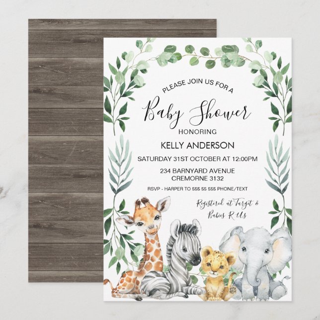 Green Foliage Wreath Safari Animals Baby Shower Invitation (Front/Back)