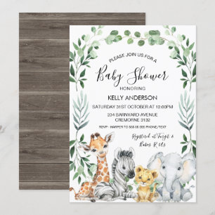 Green Foliage Wreath Safari Animals Baby Shower Invitation