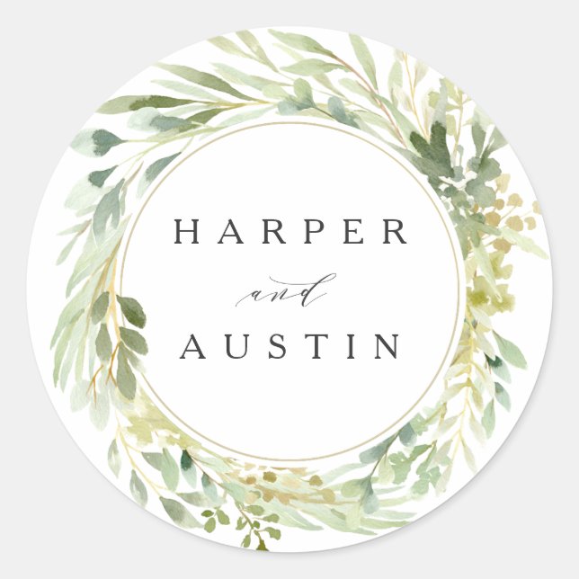 Green Foliage Wreath Watercolor Botanical Wedding Classic Round Sticker (Front)