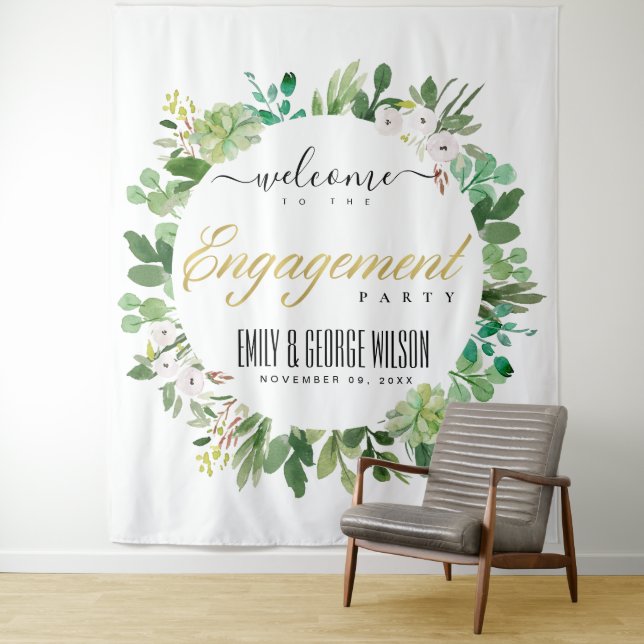 GREEN FOLIAGE WREATH WATERCOLOR ENGAGEMENT WELCOME TAPESTRY (In Situ)