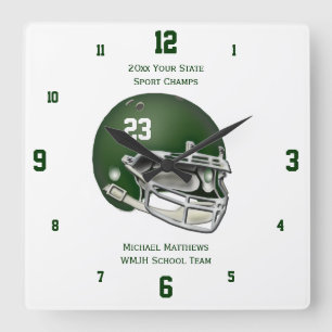 Green Football Helmet Name and School Clock