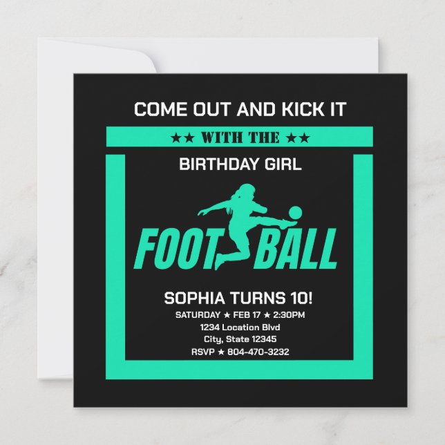 Green Football Player Girl, Birthday Girl Team  Invitation (Front)
