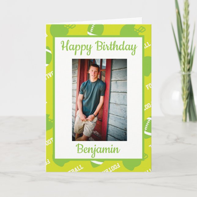 Green Football Themed Birthday Greeting Photo Card (Front)