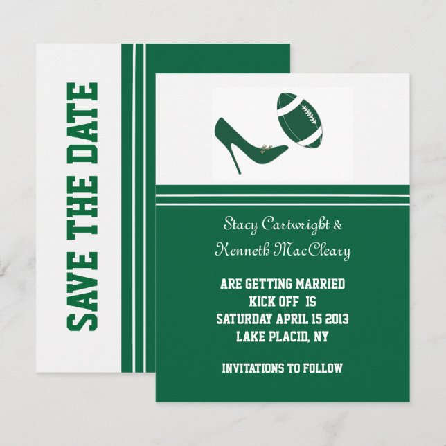 Green Football Wedding Save The Date Announcement (Front/Back)