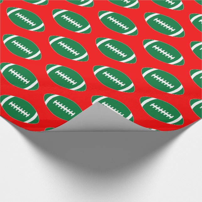 Green Footballs on Red Background Christmas Gift Wrapping Paper (Corner)