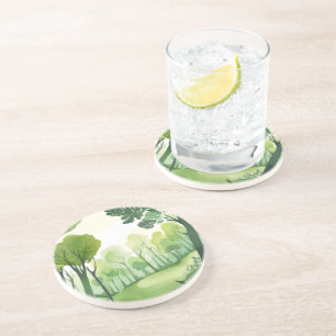 Green Forest Airy Watercolor Landscape Coaster