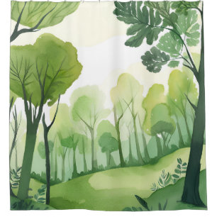 Green Forest   Airy Watercolor Landscape Shower Curtain