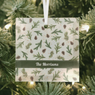 Green Forest Branches with Pinecones Glass Tree Decoration