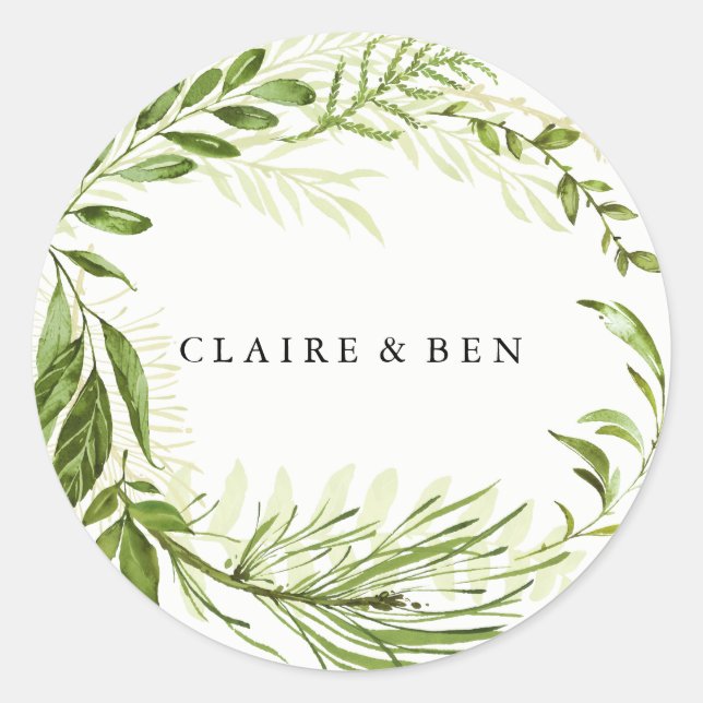 Green Forest Garden Leaf Wreath Wedding Classic Round Sticker (Front)