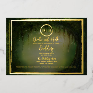 Green Forest Lights Elegant Wedding Photo Gold