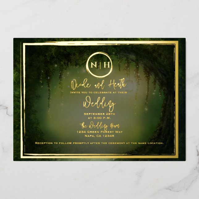Green Forest Lights Elegant Wedding Photo Gold (Front)