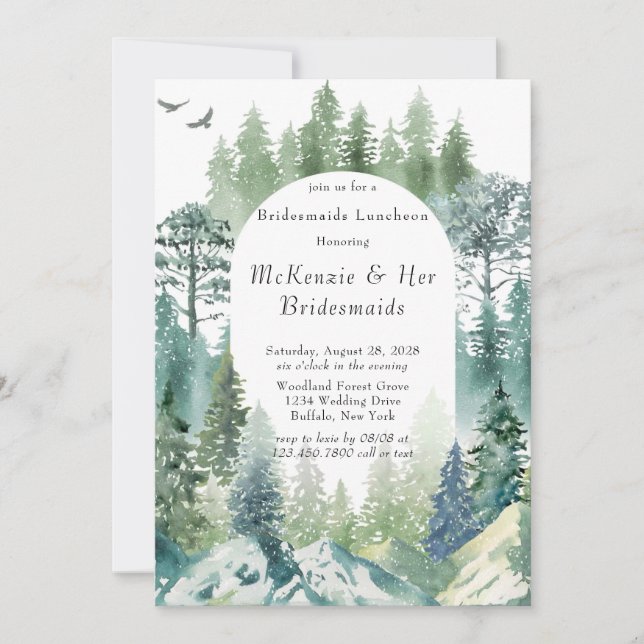 Green Forest Mountain Airy Bridesmaids Luncheon Invitation (Front)