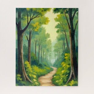 Green Forest Path   Lush Nature Watercolor Jigsaw Puzzle