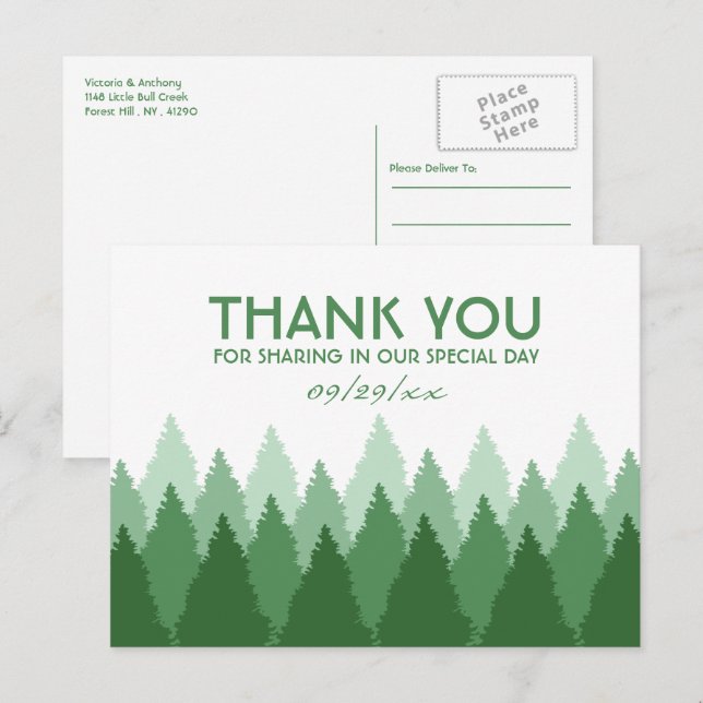 Green Forest Range Woodland Wedding Thank You Postcard (Front/Back)