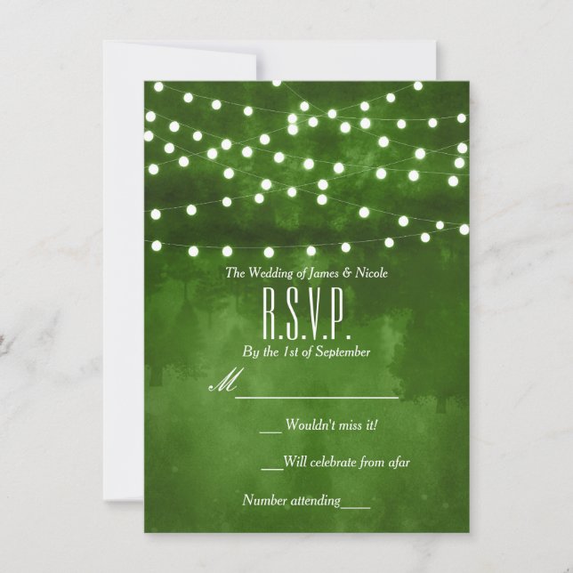 Green Forest Rustic String Lights Wedding RSVP Invitation (Front)