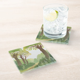Green Forest Trees Nature Beautiful Watercolor Glass Coaster