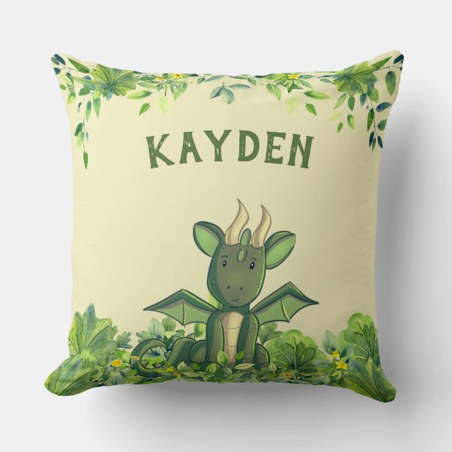 Green Forest Watercolor Baby Dragon  Cushion (Front)