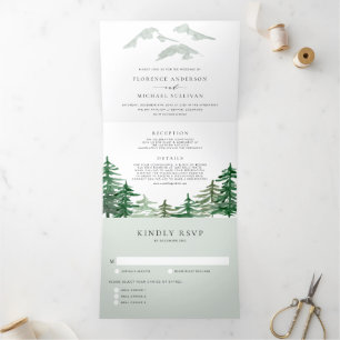 Green Forest Watercolor Spring Woodland Wedding Tri-Fold Invitation