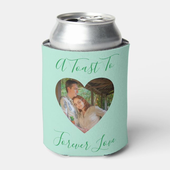 Green Forever Love Photo Heart Frame Wedding Can Cooler (Can Front)