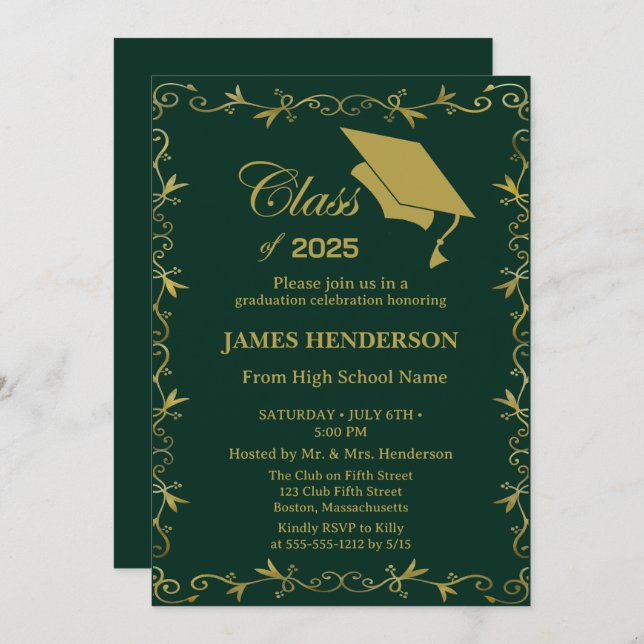 Green Formal Gold College Graduation Party 2025 Invitation (Front/Back)