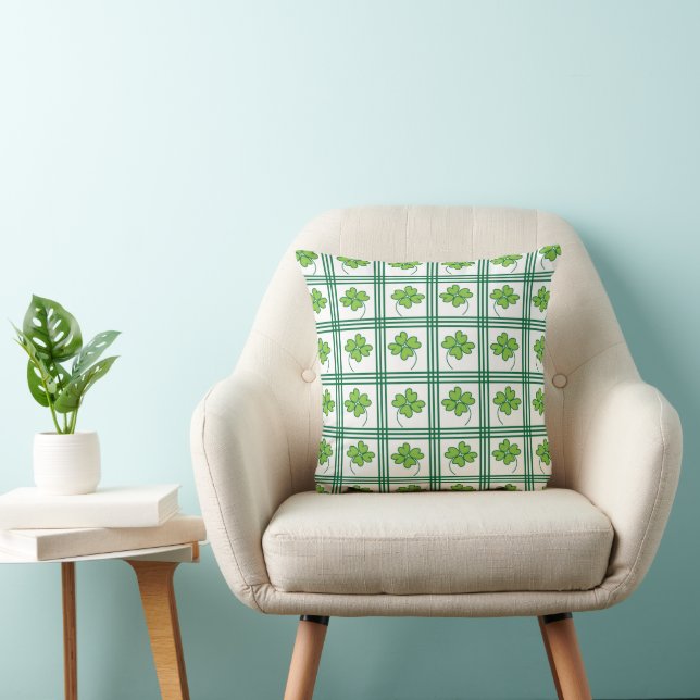 Green Four Leaf Clover Chequered Pattern Cushion (Chair)