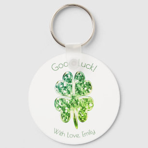 Green Four Leaf Clover Custom Text Good Luck Key Ring