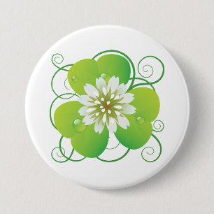 Green Four Leaf Clover with White Floral Bloom 7.5 Cm Round Badge