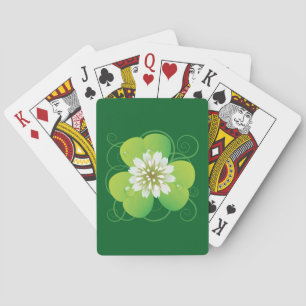 Green Four Leaf Clover with White Floral Bloom Playing Cards