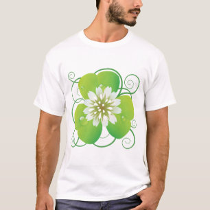 Green Four Leaf Clover with White Floral Bloom T-Shirt