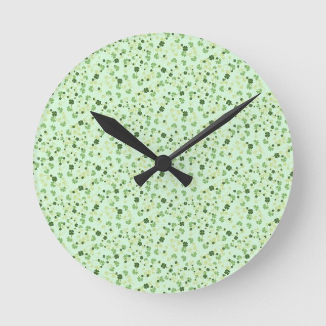 Green Four Leaf Clovers St Patricks Day Round Clock (Front)