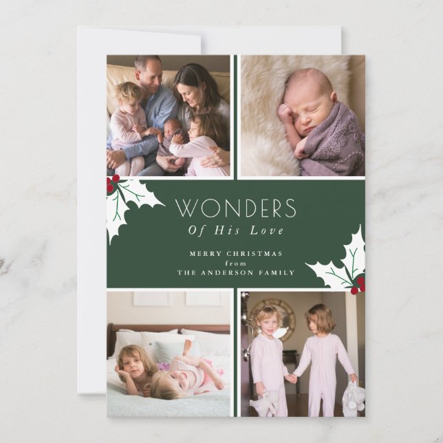 Green Four Photo Christmas Holly Holiday Card (Front)