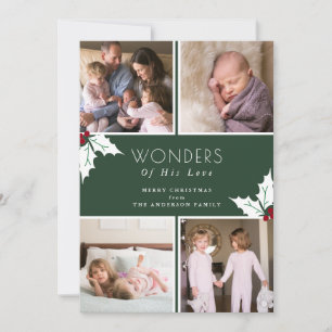 Green Four Photo Christmas Holly Holiday Card
