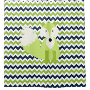 Green Fox on Navy, Green, White Chevron Stripes Shower Curtain
